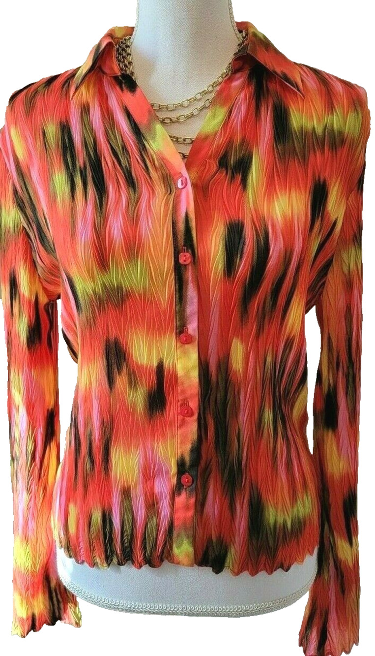 Milano Womens Multicolor Scalloped Hem and Cuffs Button Up Blouse Medium M